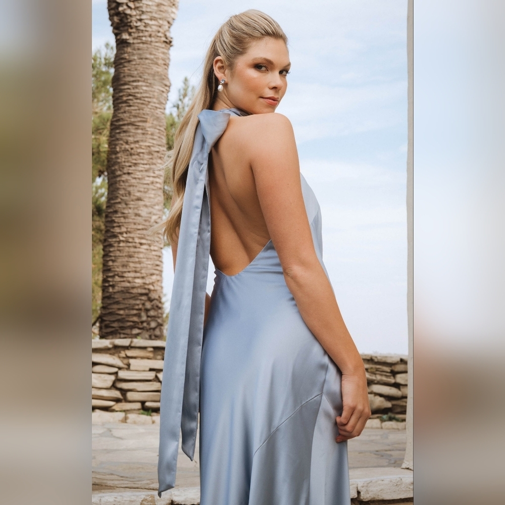 Show Me Your MuMu Lisa Maxi Steel Blue Luxe Satin Dress L Wedding Party Prom - Picture 4 of 13